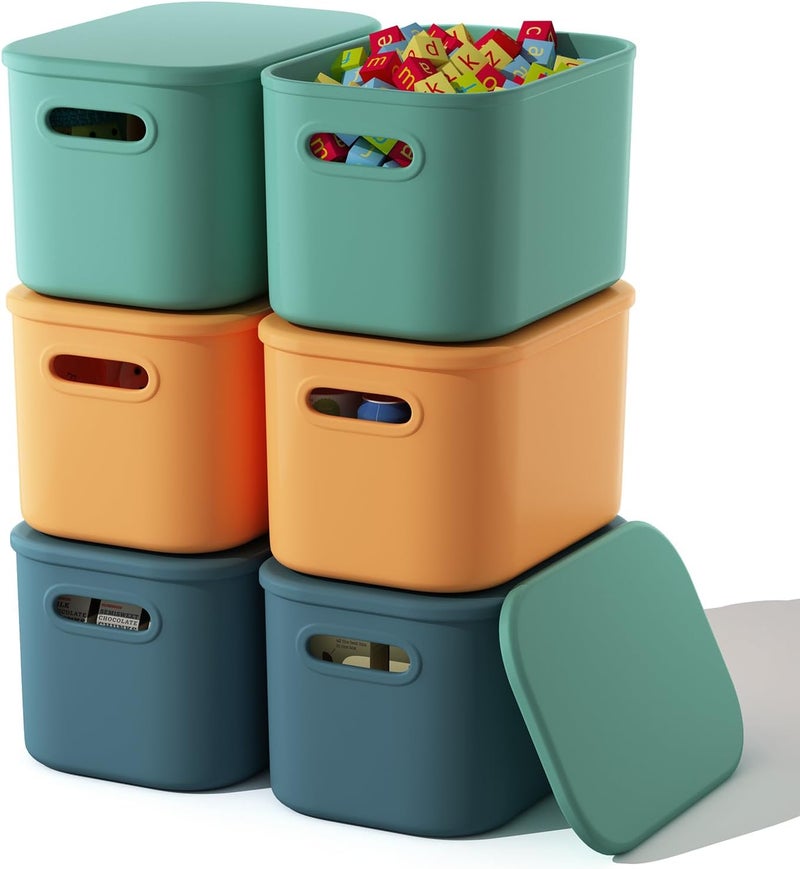 ORGIDOL 6 Pack Colorful Storage Bins with Lids Stackable Storage Container for Organizing, Storage Boxes with Handle for Shelves, Cute Storage Bin for Craft, Snacks, 9.85x6.9x5.7 inch - Image 1