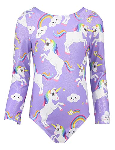 TENVDA Gymnastics Leotards for Girls 6-7 Years Old Purple Sparkly Unicorn Print Kids Long Sleeve Tumbling Outfit Bodysuits - Image 1