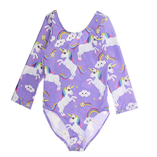 TENVDA Gymnastics Leotards for Girls 6-7 Years Old Purple Sparkly Unicorn Print Kids Long Sleeve Tumbling Outfit Bodysuits - Image 3