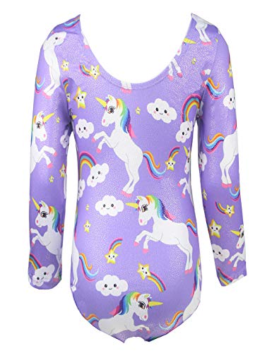 TENVDA Gymnastics Leotards for Girls 6-7 Years Old Purple Sparkly Unicorn Print Kids Long Sleeve Tumbling Outfit Bodysuits - Image 2