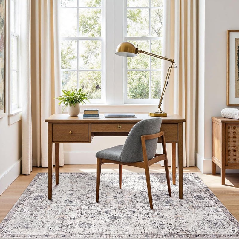 jinchan Area Rug 183x122CM Vintage Rug Indoor Washable Rug Gray Retro Accent Rug Distressed Carpet Grey Multi Floral Print Country Boho Rug Non Slip Kitchen Bedroom Living Room Dining Room Office - Image 2
