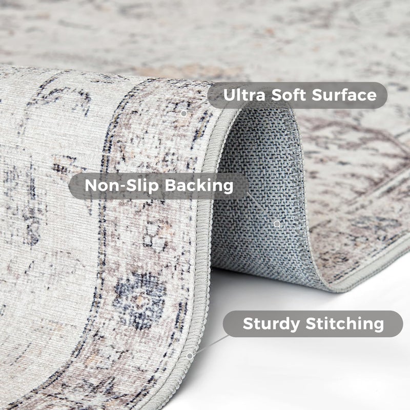 jinchan Area Rug 183x122CM Vintage Rug Indoor Washable Rug Gray Retro Accent Rug Distressed Carpet Grey Multi Floral Print Country Boho Rug Non Slip Kitchen Bedroom Living Room Dining Room Office - Image 3