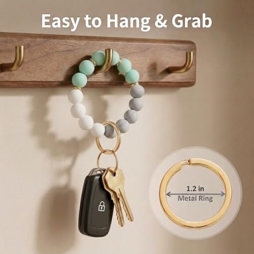 BIHRTC 12mm Silicone Beaded Bracelet Keychain Bangle Key Chains Bangle Wristlet Keychain with Leather Tassel for Women Bracelet Keyring Portable House Car Keys Ring Holder - Image 3