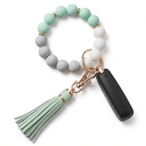 BIHRTC 12mm Silicone Beaded Bracelet Keychain Bangle Key Chains Bangle Wristlet Keychain with Leather Tassel for Women Bracelet Keyring Portable House Car Keys Ring Holder - Image 1