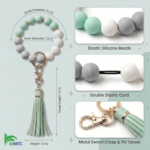 BIHRTC 12mm Silicone Beaded Bracelet Keychain Bangle Key Chains Bangle Wristlet Keychain with Leather Tassel for Women Bracelet Keyring Portable House Car Keys Ring Holder - Image 2