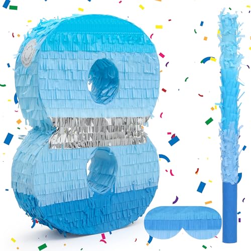 Birchio Number 8 Pinata Bundle with a Blindfold and Bat162 x 116 x 4 Inches Perfect for Boys and Girls Birthday Party Supplies Blue Theme Birthday Decoration - Image 1