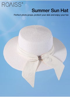 Holiday Straw Beach Hat for Women Wide Brim Bow Ribbon Boater Hat Flat Top Classic Sun Hat for Summer White - pzsku/Z310BB4DB57BDB89590F2Z/45/_/1731919844/3c7b0118-611e-4658-a380-c5bac74ab116