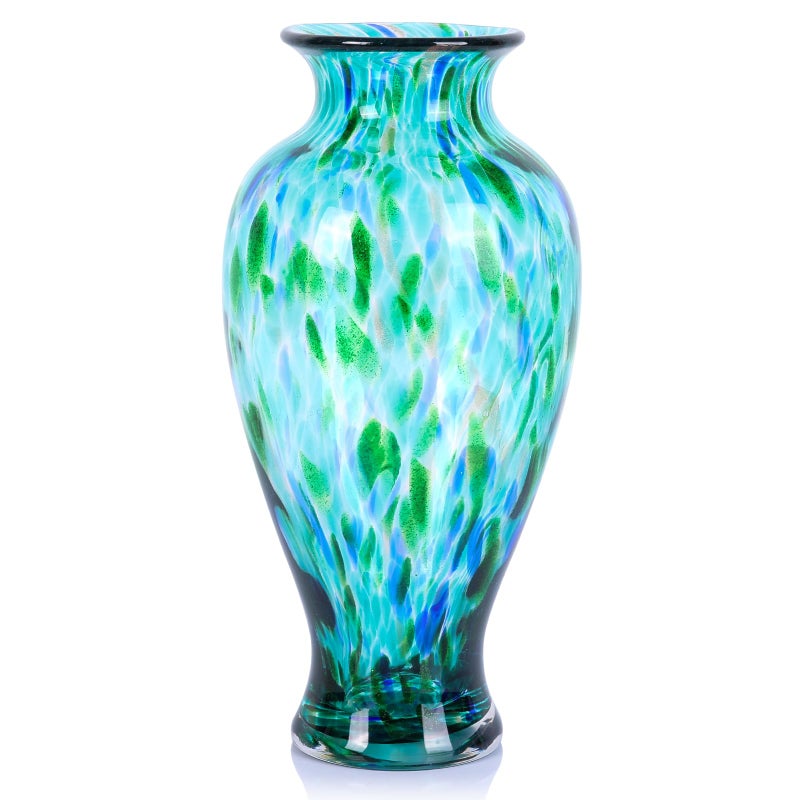 oliruim 11.8" Tall Blown Teal Glass Vase, Green Opaque Glass Vase, Unique Design Turquoise Wide Mouth Art Decoration for Home, Living Room, Dining Table, Pampas Grass Decor (Greener) - Image 1