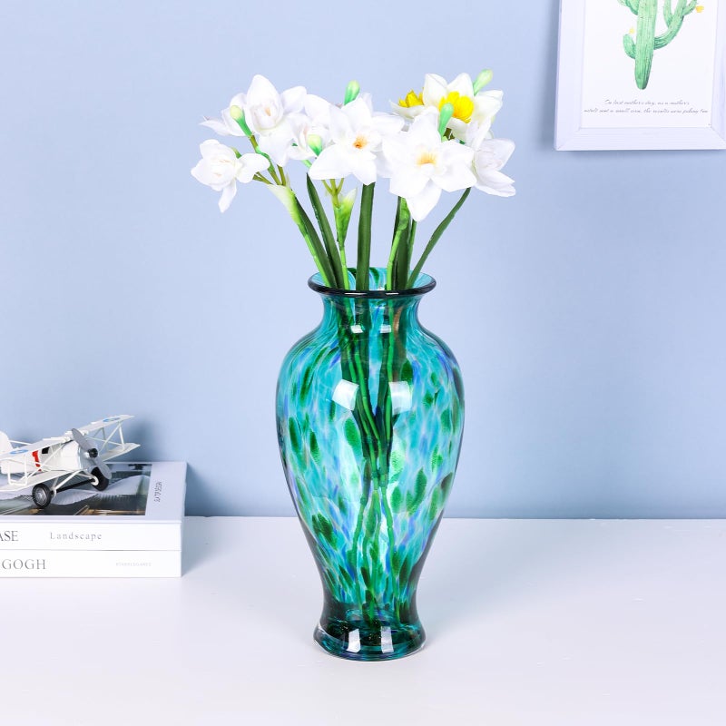oliruim 11.8" Tall Blown Teal Glass Vase, Green Opaque Glass Vase, Unique Design Turquoise Wide Mouth Art Decoration for Home, Living Room, Dining Table, Pampas Grass Decor (Greener) - Image 3