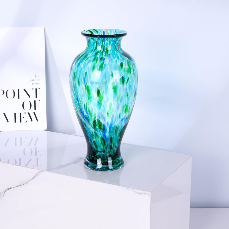 oliruim 11.8" Tall Blown Teal Glass Vase, Green Opaque Glass Vase, Unique Design Turquoise Wide Mouth Art Decoration for Home, Living Room, Dining Table, Pampas Grass Decor (Greener) - Image 2
