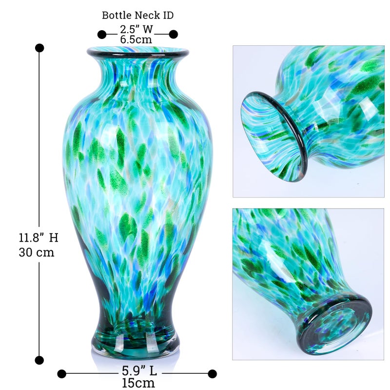 oliruim 11.8" Tall Blown Teal Glass Vase, Green Opaque Glass Vase, Unique Design Turquoise Wide Mouth Art Decoration for Home, Living Room, Dining Table, Pampas Grass Decor (Greener) - Image 5
