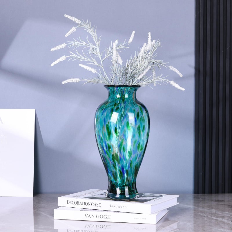 oliruim 11.8" Tall Blown Teal Glass Vase, Green Opaque Glass Vase, Unique Design Turquoise Wide Mouth Art Decoration for Home, Living Room, Dining Table, Pampas Grass Decor (Greener) - Image 4