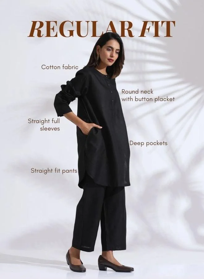 trueBrowns Black Slub Kurta Co-ord Set