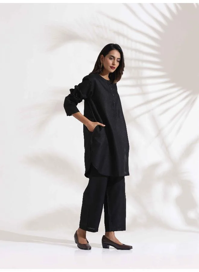trueBrowns Black Slub Kurta Co-ord Set