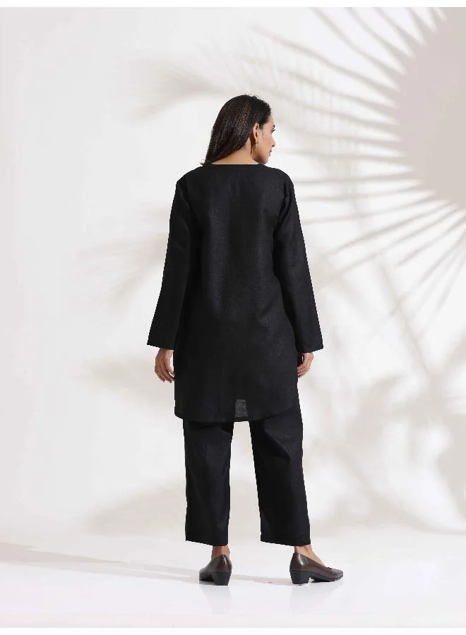 trueBrowns Black Slub Kurta Co-ord Set