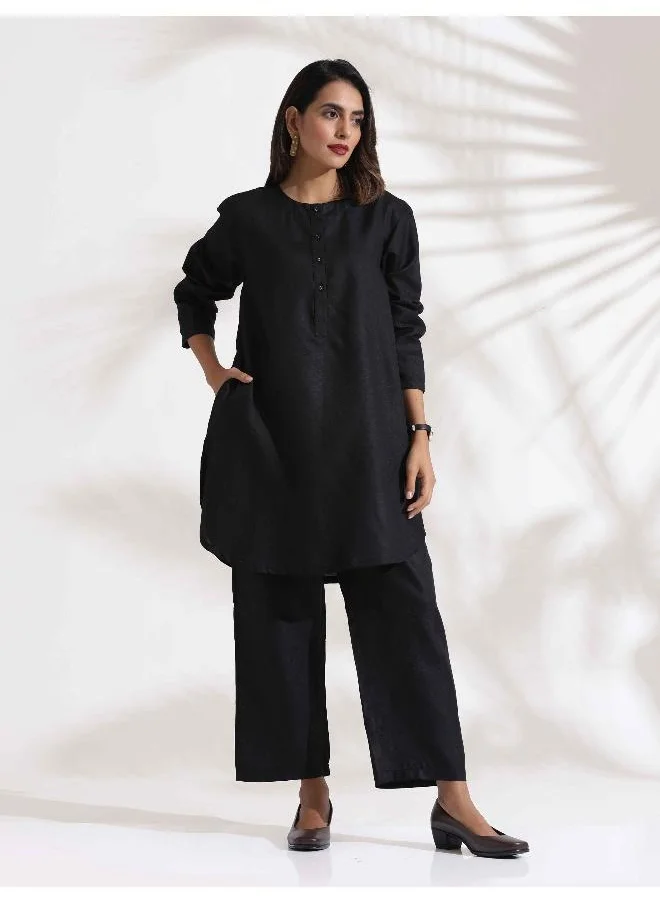 trueBrowns Black Slub Kurta Co-ord Set