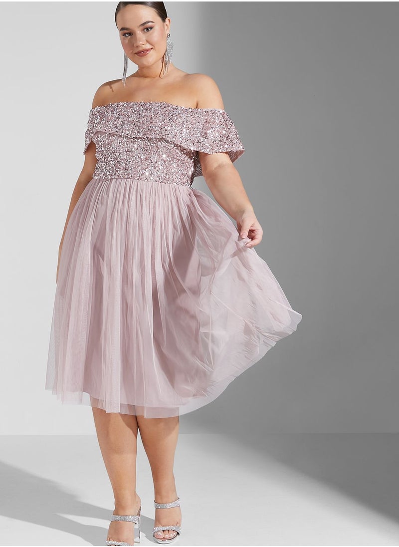 Maya Plus - Bardot Sequin Detail Pleated Dress - Image 1