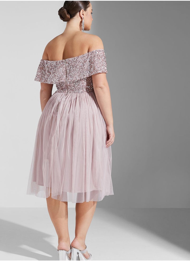 Maya Plus - Bardot Sequin Detail Pleated Dress - Image 1