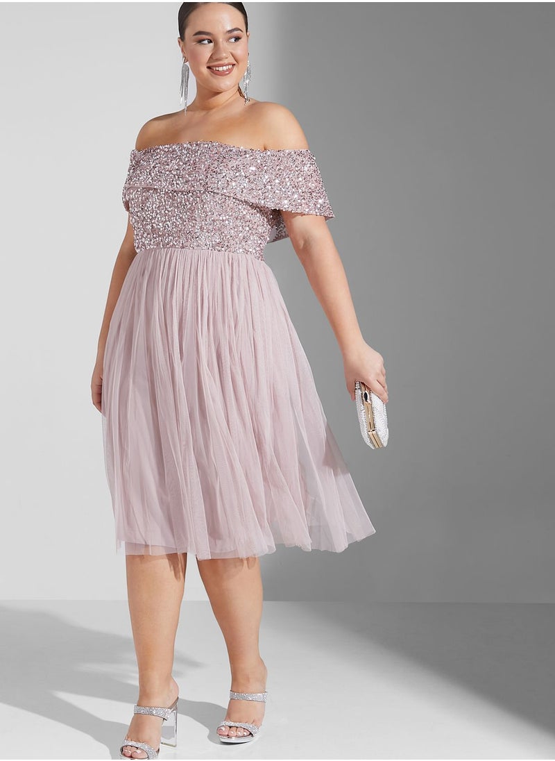 Maya Plus - Bardot Sequin Detail Pleated Dress - Image 1