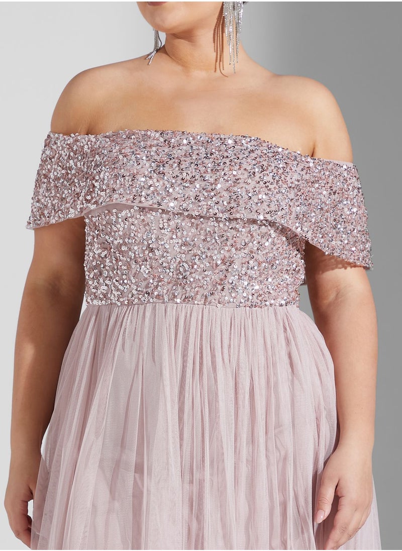 Maya Plus - Bardot Sequin Detail Pleated Dress - Image 1