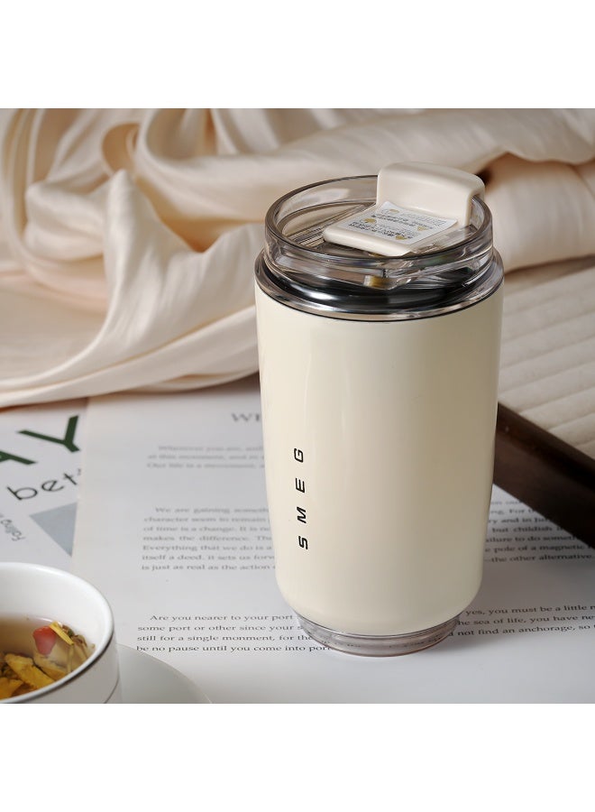 smeg كوب قهوة سفر SMEG، 320 مل، كوب مشروبات معزول بغطاء مانع للتسرب، كوب قهوة طويل الأمد مع غطاء وقشة، ترمس قهوة سفر أبيض - Image 1