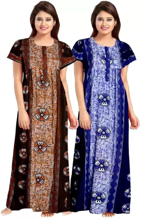 KBNBJ Women's Cotton Printed Maxi Nighty (Pack of 2) (Free Size, Brown&Blue) - Image 1