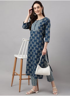 IndHeritage -  Eid kurti set collection - Premium cotton 2pc kurti set - Bondi blue colour women's 2pc kurti / kurta set with floral design  - Indian Kurti Set IDH00094