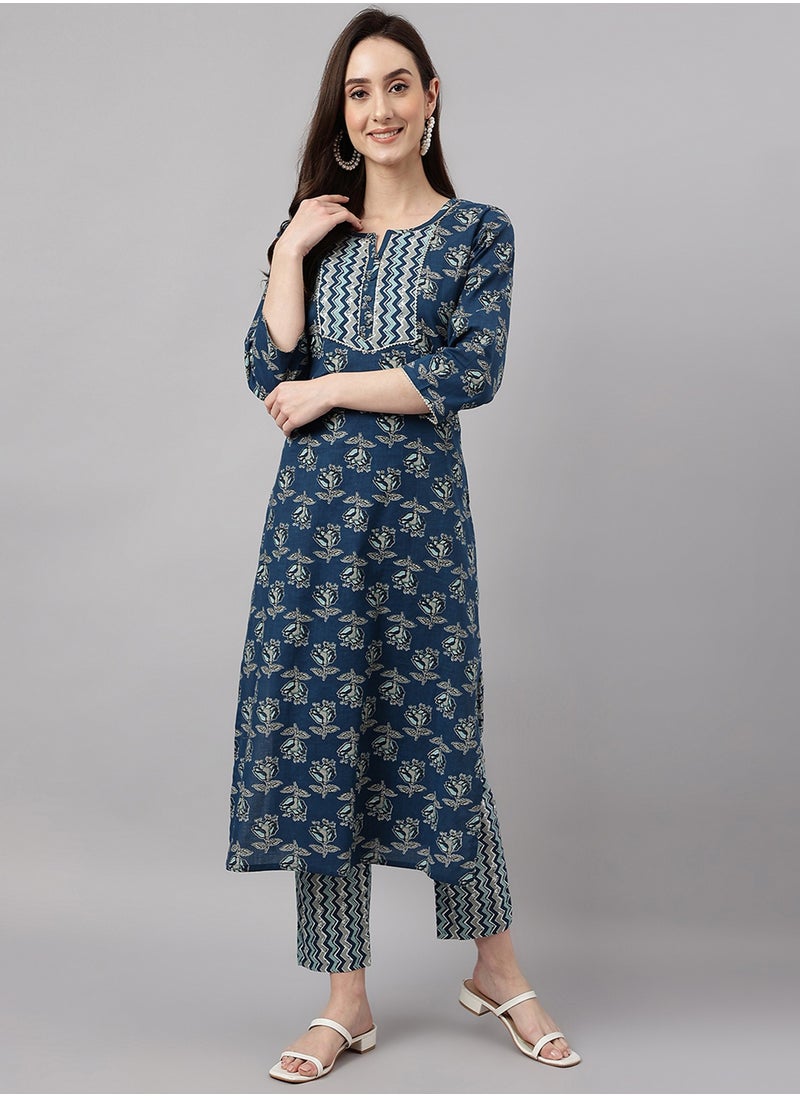 IndHeritage - IndHeritage -  Eid kurti set collection - Premium cotton 2pc kurti set - Bondi blue colour women's 2pc kurti / kurta set with floral design  - Indian Kurti Set IDH00094 - Image 1