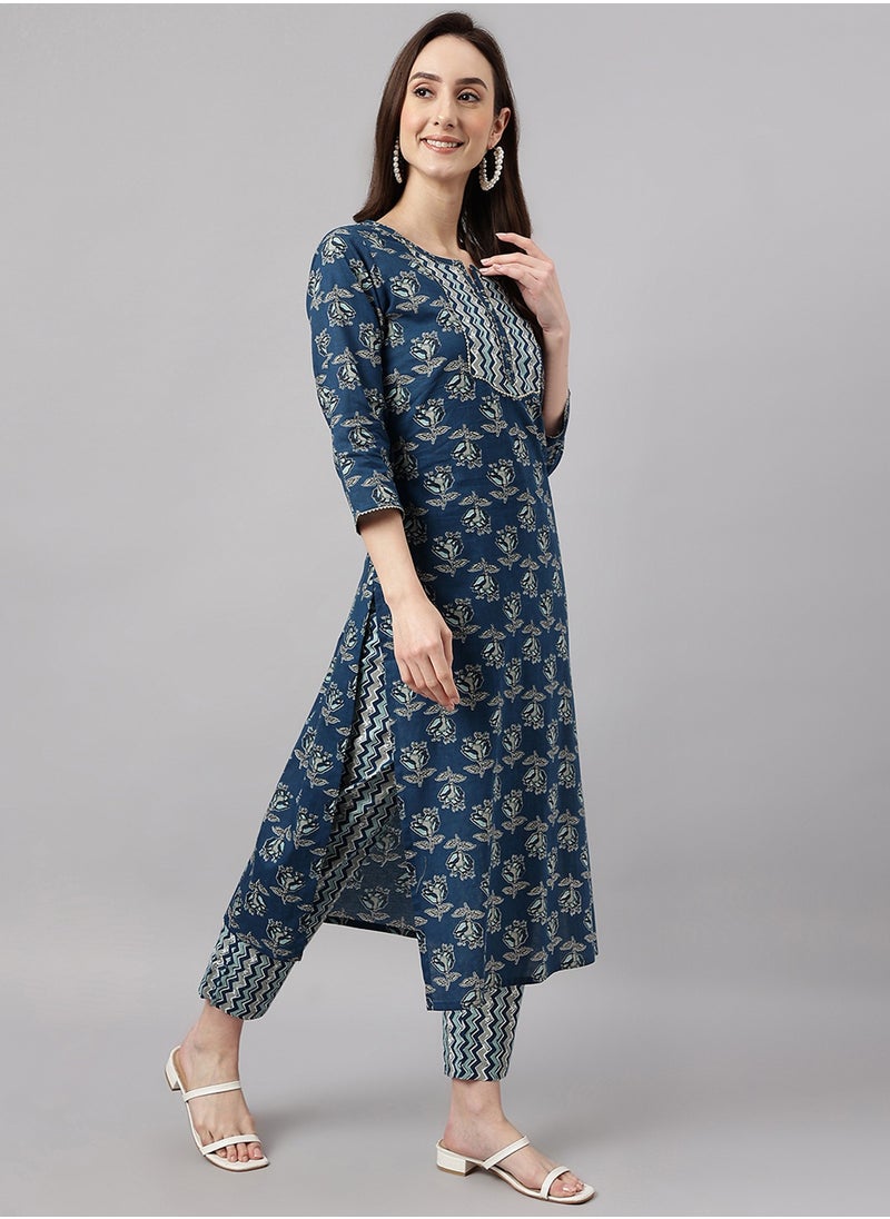 IndHeritage - IndHeritage -  Eid kurti set collection - Premium cotton 2pc kurti set - Bondi blue colour women's 2pc kurti / kurta set with floral design  - Indian Kurti Set IDH00094 - Image 1