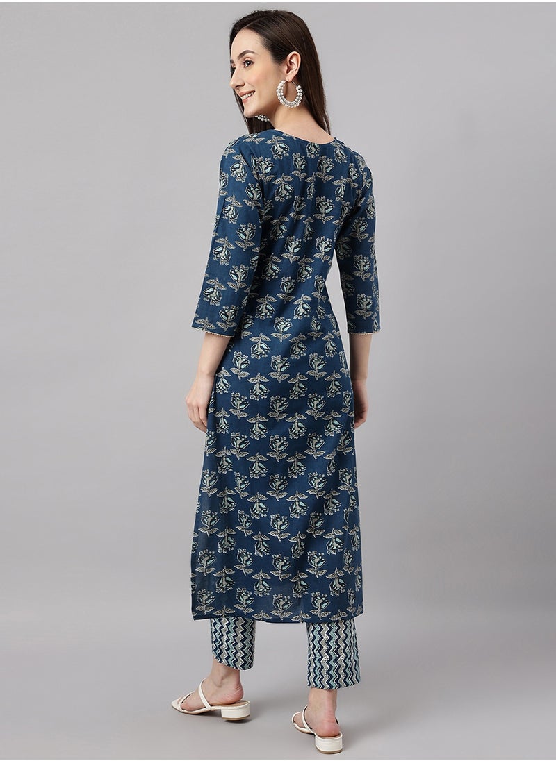 IndHeritage - IndHeritage -  Eid kurti set collection - Premium cotton 2pc kurti set - Bondi blue colour women's 2pc kurti / kurta set with floral design  - Indian Kurti Set IDH00094 - Image 1