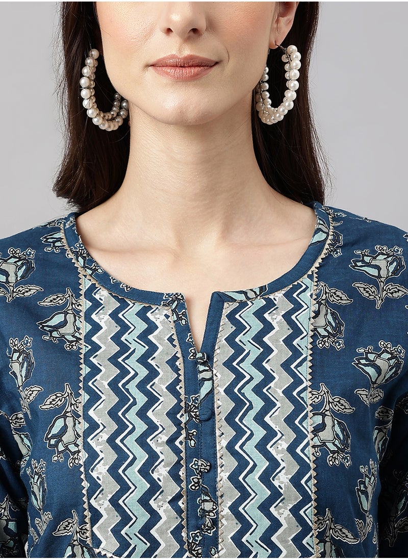 IndHeritage - IndHeritage -  Eid kurti set collection - Premium cotton 2pc kurti set - Bondi blue colour women's 2pc kurti / kurta set with floral design  - Indian Kurti Set IDH00094 - Image 1