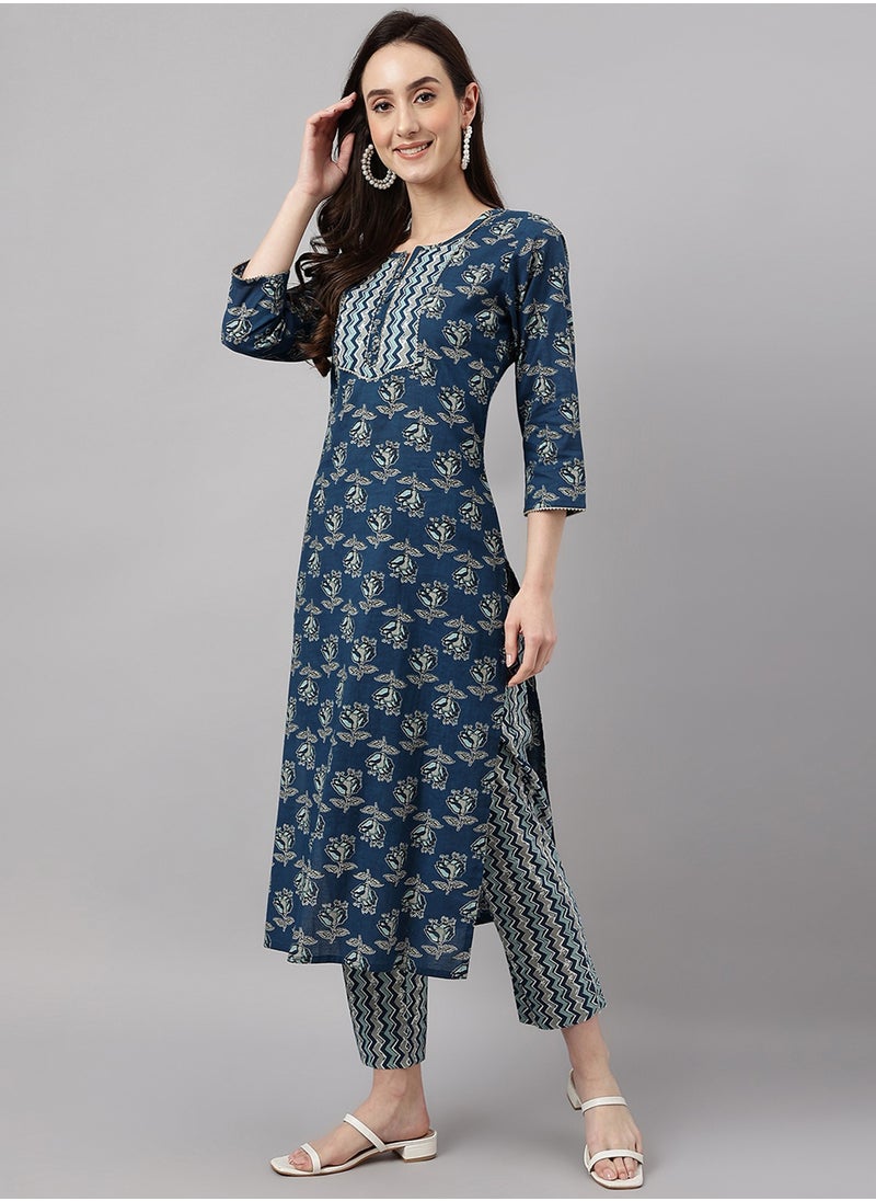IndHeritage - IndHeritage -  Eid kurti set collection - Premium cotton 2pc kurti set - Bondi blue colour women's 2pc kurti / kurta set with floral design  - Indian Kurti Set IDH00094 - Image 1