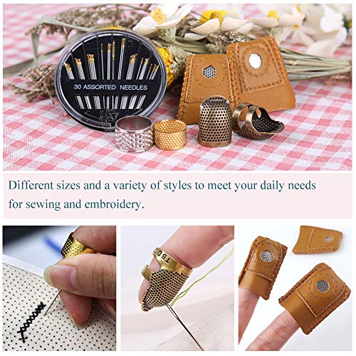 ZMAAGG 8 Pcs Thimble + 30 Pcs Sewing Needles, Finger Protector Fingertip Adjustable Metal Bronze Rings and Leather Coin Thimble for Needlework, Hand Embroidery Craft - Image 5