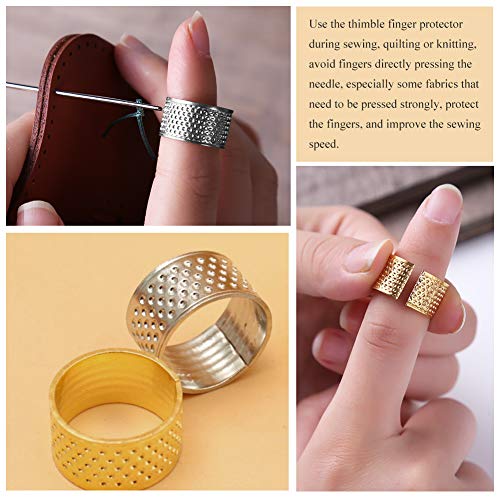 ZMAAGG 8 Pcs Thimble + 30 Pcs Sewing Needles, Finger Protector Fingertip Adjustable Metal Bronze Rings and Leather Coin Thimble for Needlework, Hand Embroidery Craft - Image 4