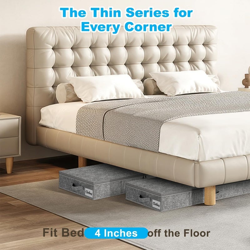 Kukikan Under Bed Storage Container Bins 2 Pack, 4 Inch Thin Low Profile Underbed Clothes Storage Organizer for Dorm & Home, Use for Blanket and Toy Storage Box W/ Sturdy Bottom/Sides, Foldable Thick Fabric - Image 2