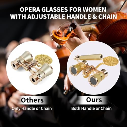 BOSTRON 3X25 Opera Glasses Theater Binoculars Compact with Adjustable Handle & Chain, Portable Vintage Theater Glasses Mini Binoculars for Adults Women Kids for Concerts Opera Houses Cinema, Gold - Image 2