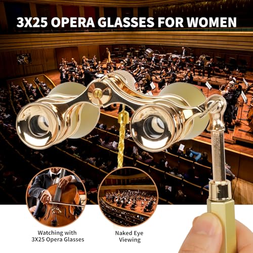 BOSTRON 3X25 Opera Glasses Theater Binoculars Compact with Adjustable Handle & Chain, Portable Vintage Theater Glasses Mini Binoculars for Adults Women Kids for Concerts Opera Houses Cinema, Gold - Image 3