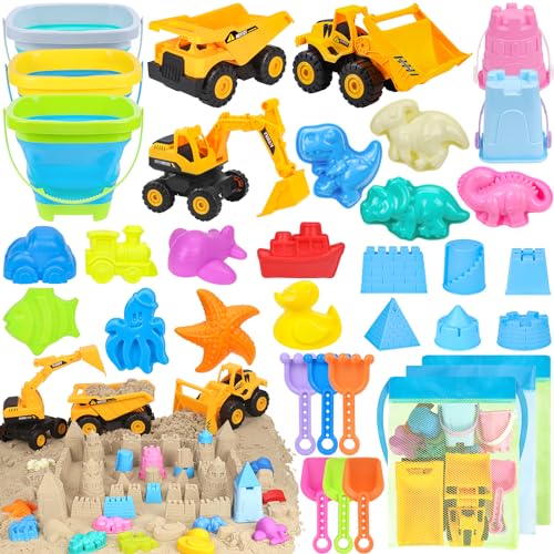 FHOZGECY Beach Toys Sand Toys for Kids Boys and Girls with 3 Construction Vehicles 3 Collapsible Bucket Sand Castle Building Kit Sand Molds Mesh Bag Outdoor Toys for Kids Ages 48 - Image 1