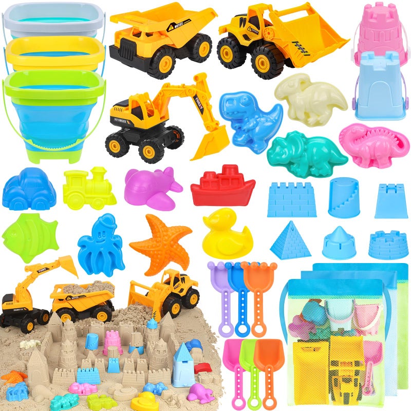 FHOZGECY Beach Toys Sand Toys for Kids Boys and Girls with 3 Construction Vehicles 3 Collapsible Bucket Sand Castle Building Kit Sand Molds Mesh Bag Outdoor Toys for Kids Ages 48 - Image 3