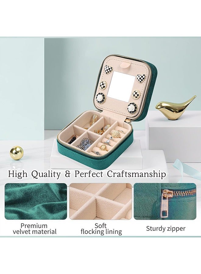 مجوهرات السفر صندوق تخزين، حقيبة مجوهرات السفر صندوق مجوهرات صغير للنساء، مجوهرات منظّم السفر، منظّم قرط مع مرآة، مخمل أخضر - Image 5