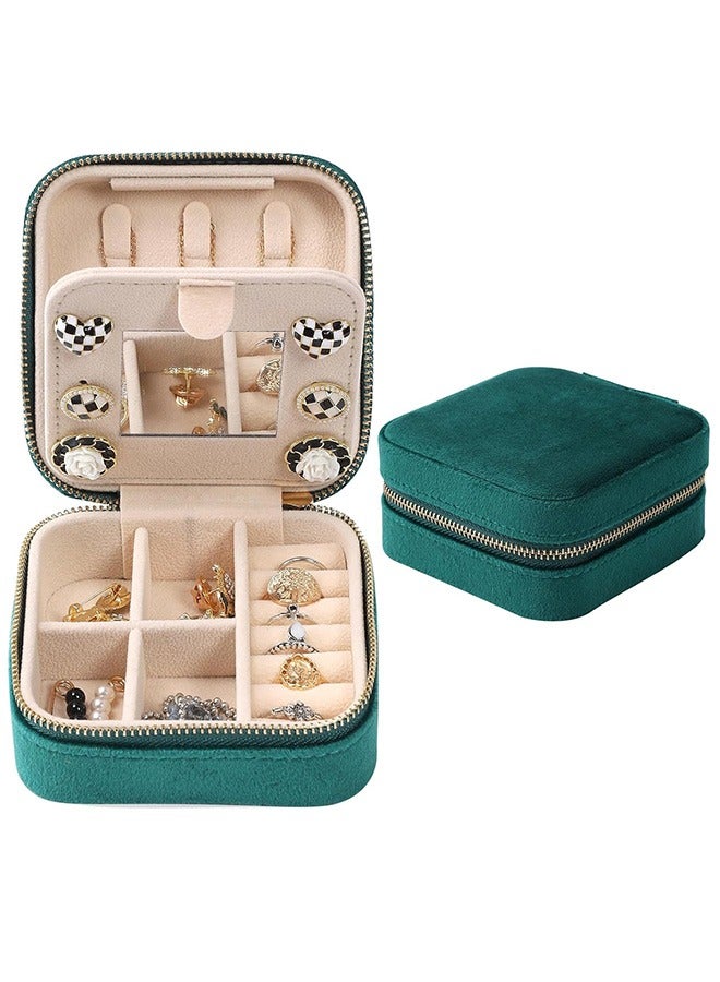 مجوهرات السفر صندوق تخزين، حقيبة مجوهرات السفر صندوق مجوهرات صغير للنساء، مجوهرات منظّم السفر، منظّم قرط مع مرآة، مخمل أخضر - Image 1