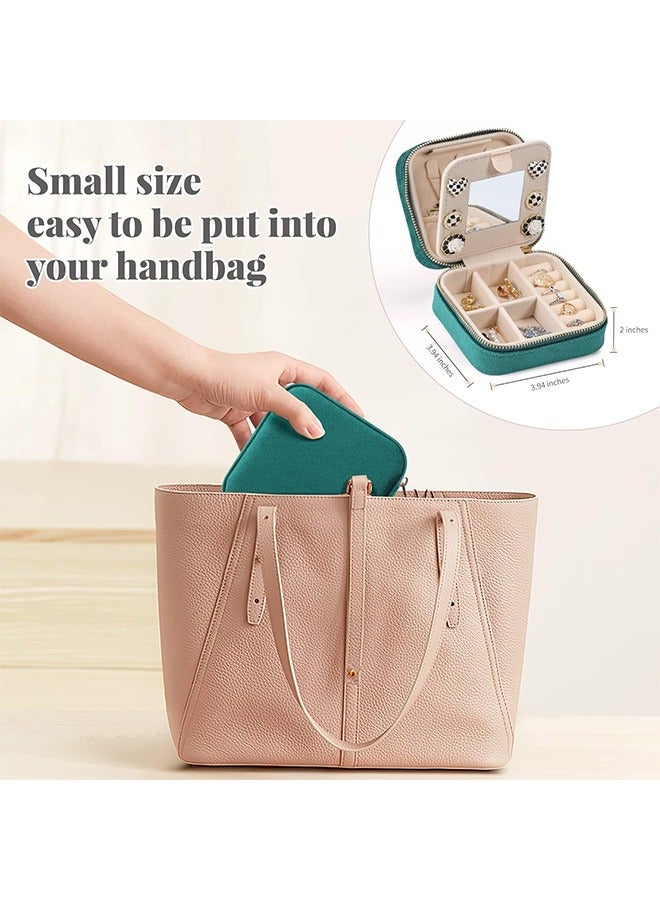 مجوهرات السفر صندوق تخزين، حقيبة مجوهرات السفر صندوق مجوهرات صغير للنساء، مجوهرات منظّم السفر، منظّم قرط مع مرآة، مخمل أخضر - Image 3
