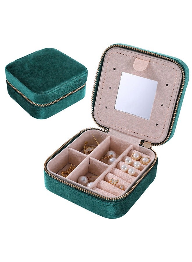 مجوهرات السفر صندوق تخزين، حقيبة مجوهرات السفر صندوق مجوهرات صغير للنساء، مجوهرات منظّم السفر، منظّم قرط مع مرآة، مخمل أخضر - Image 2