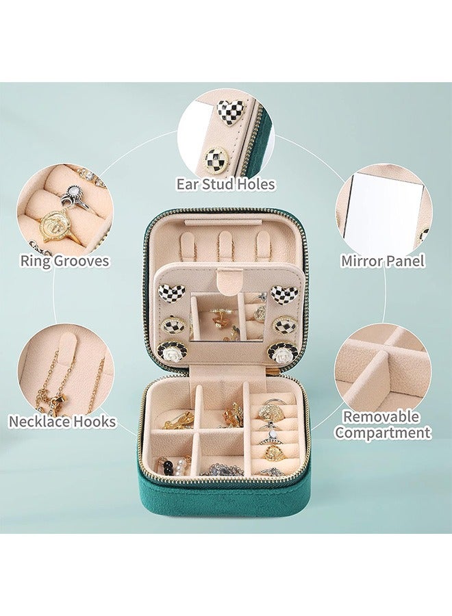 مجوهرات السفر صندوق تخزين، حقيبة مجوهرات السفر صندوق مجوهرات صغير للنساء، مجوهرات منظّم السفر، منظّم قرط مع مرآة، مخمل أخضر - Image 4