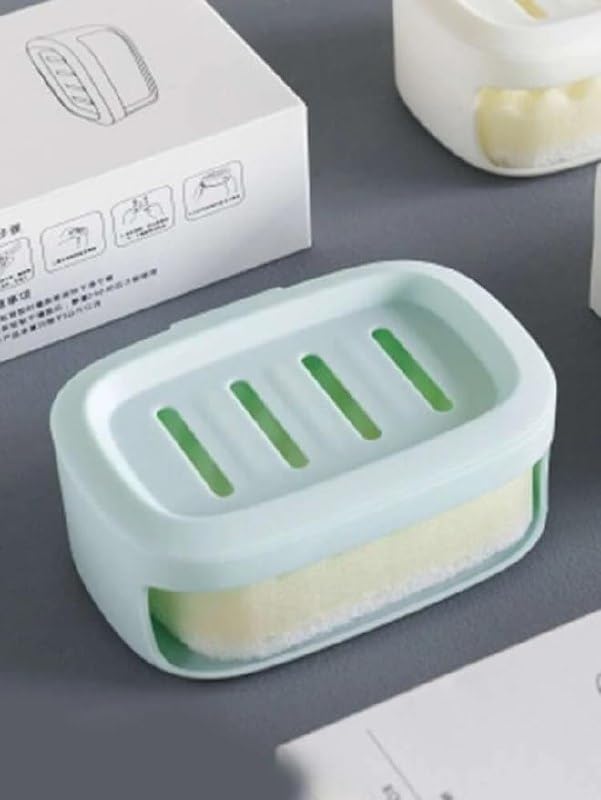 SHOPECOM 2 Layer Soap Holder Plastic Soap Box Suction Cup Wall-Mounted Soap Box Bathroom Double Soap Rack with Sponge Cleaning Bathroom Shelves Shower Soap Dispenser Sink Basin Soap Dish (1pc) - Image 2