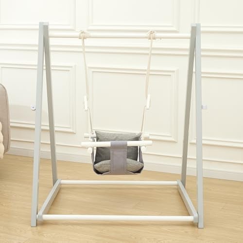 FUNLIO Montessori Wooden Swing Set for Toddlers 636 Months Foldable Indoor Baby Swing Set of Durable Pine Portable with 4 Sandbags Extension Straps Toddler Swing for IndoorOutdoorGray - Image 1