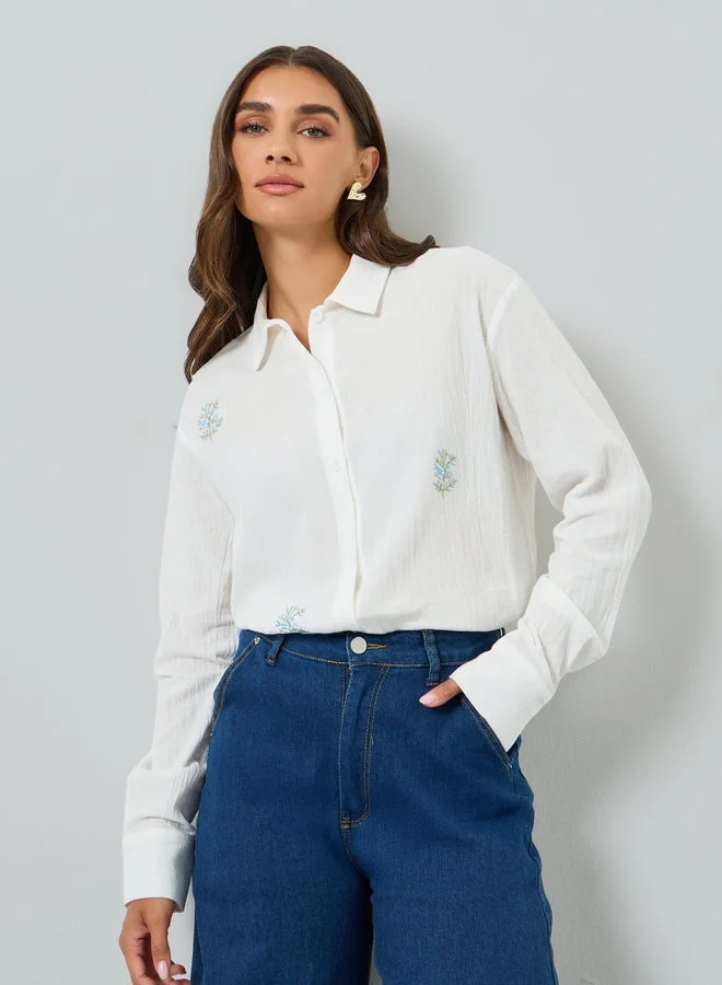 Styli Women White Embroidered Regular Shirt