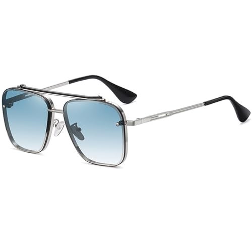 Breaksun Oversized Square Aviator Sunglasses for Men Women Fashion Metal Frame Aviator Sun Glasses Tinted Lens (Silver/Blue Gradient) - Image 1