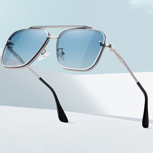 Breaksun Oversized Square Aviator Sunglasses for Men Women Fashion Metal Frame Aviator Sun Glasses Tinted Lens (Silver/Blue Gradient) - Image 4