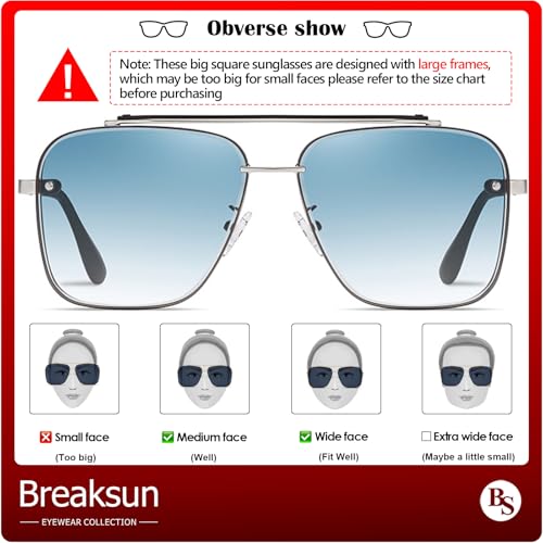 Breaksun Oversized Square Aviator Sunglasses for Men Women Fashion Metal Frame Aviator Sun Glasses Tinted Lens (Silver/Blue Gradient) - Image 3
